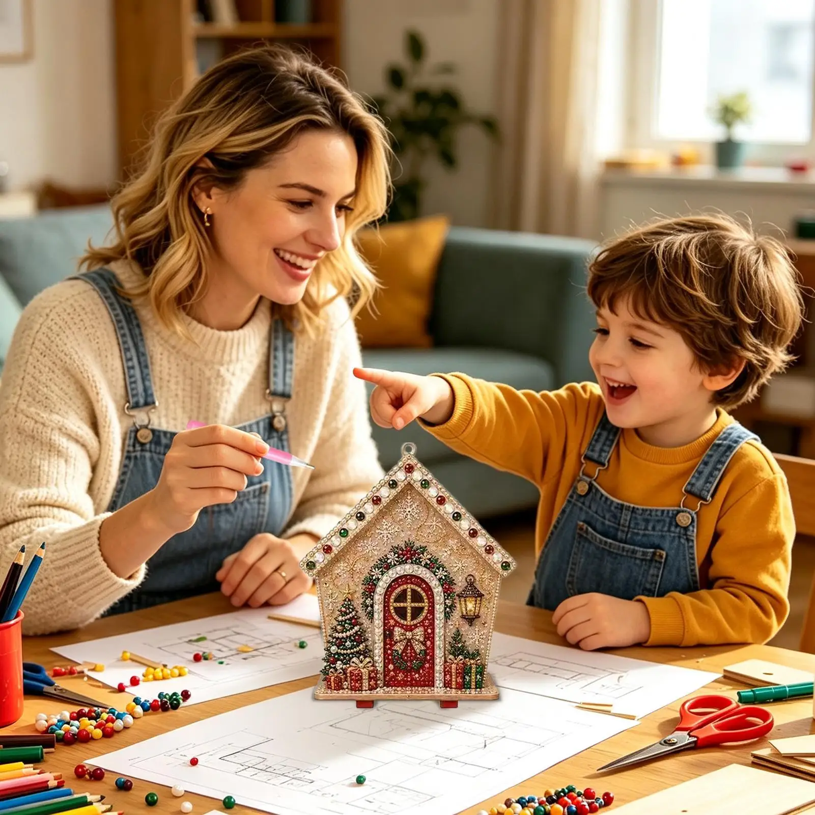 Christmas House Rhinestone Painting Crafting Display Decor Beginners-Friendly Project Pearl Christmas Cottage Making Kit For