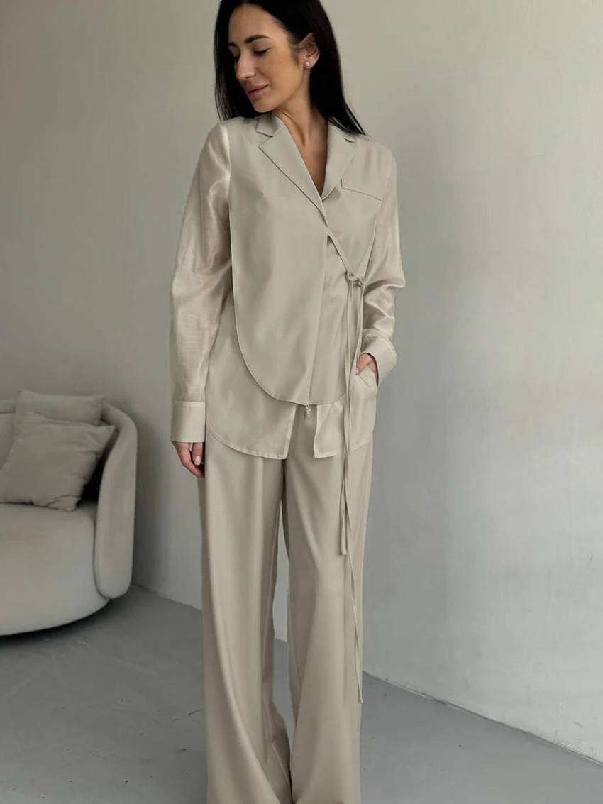 Marthaqiqi Casual Female Pajamas Suit Turn-Down Collar Nightie Long Sleeve Sleepwear Lace Up Nightwear Pants Loose Nightgown Set