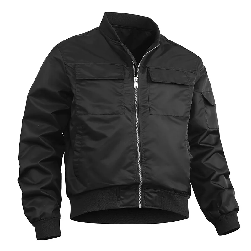 

Autumn Winter Men Bomber Jacket Streetwear Solid Color Stand Collar Male Outerwear Long Sleeve Pocket Man Baseball Uniform