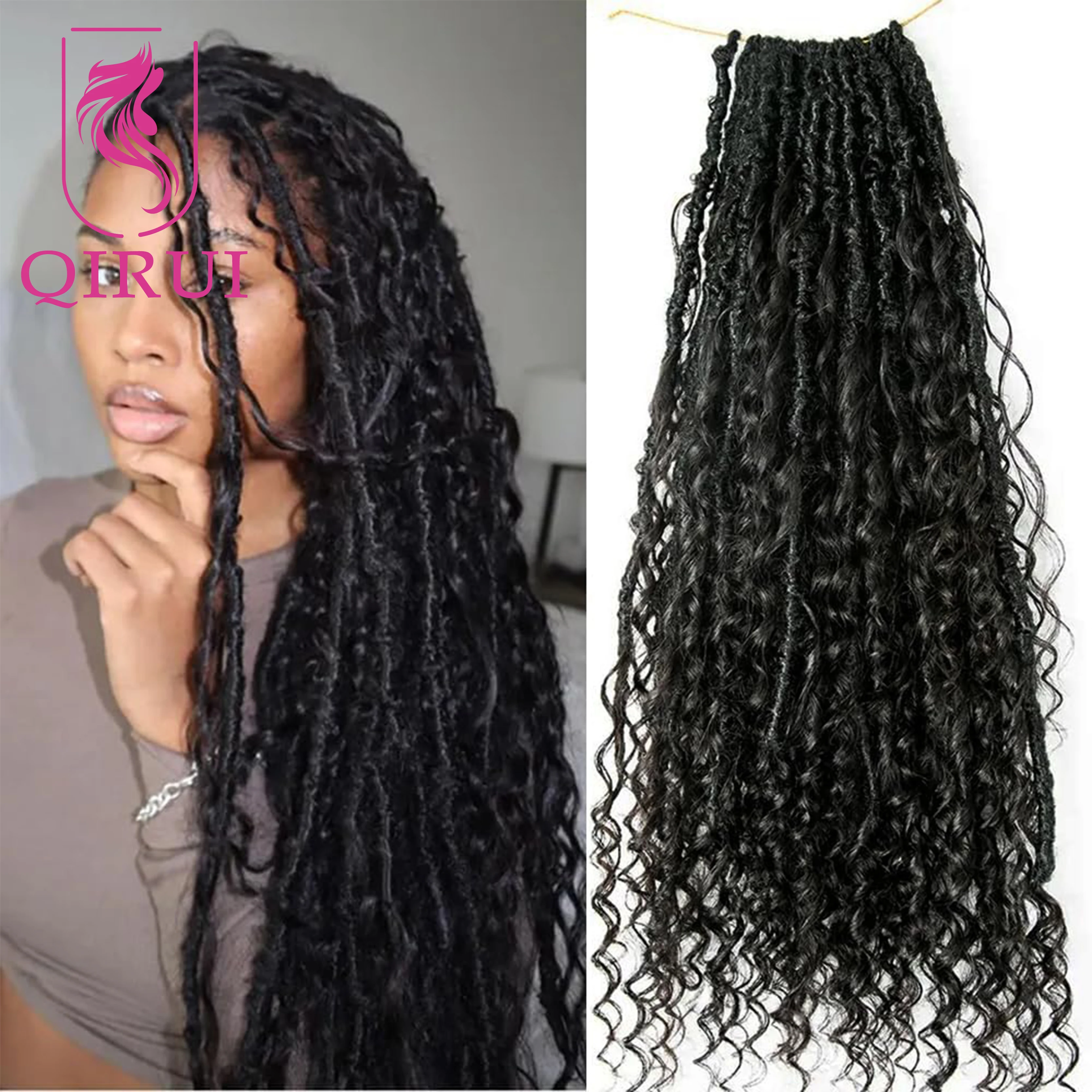 Human Hair Goddess Boho Locs Braiding Crochet Hair Pre Looped Boho Dreadlocks Human Hair Curly Ends Hair Extensions For Women