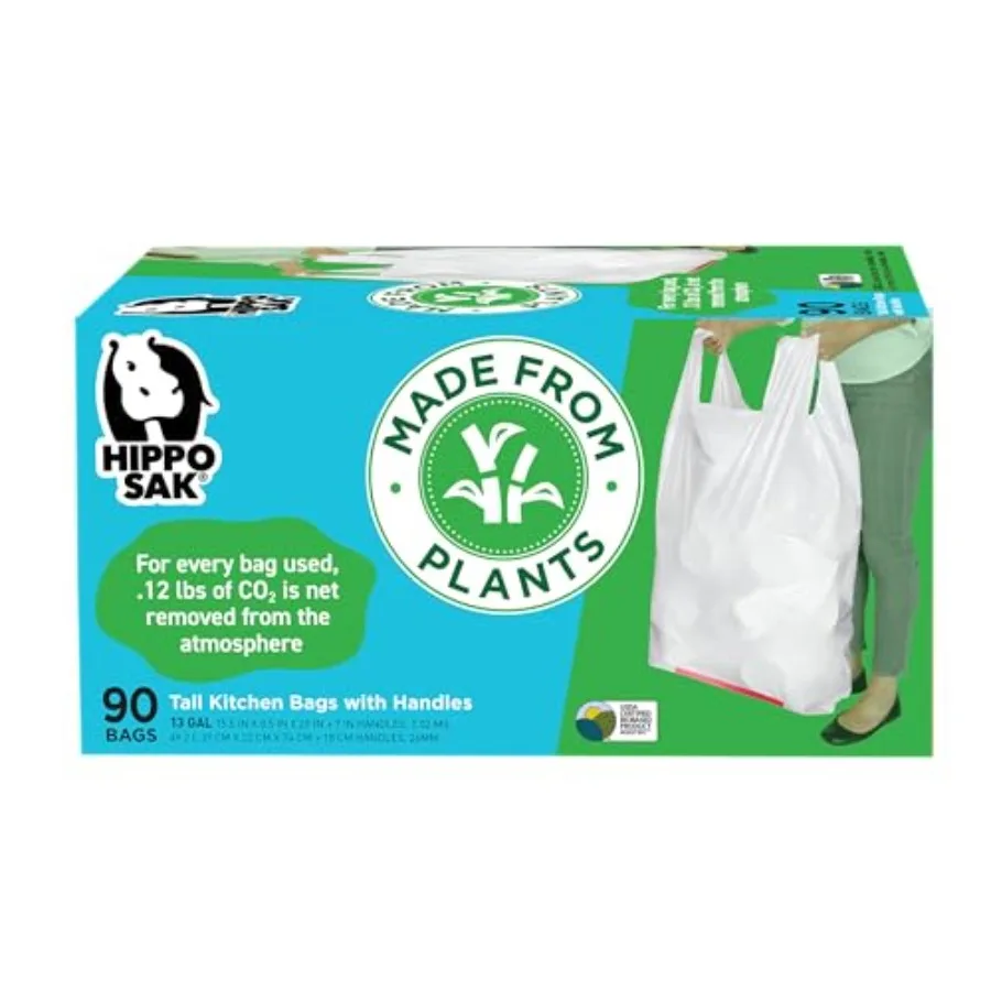 

- Plant Based Tall Kitchen Garbage Bags with Ergomic Handles - 13 Gallon Trash Bags - Recyclable and Eco Friendly - Super Stron