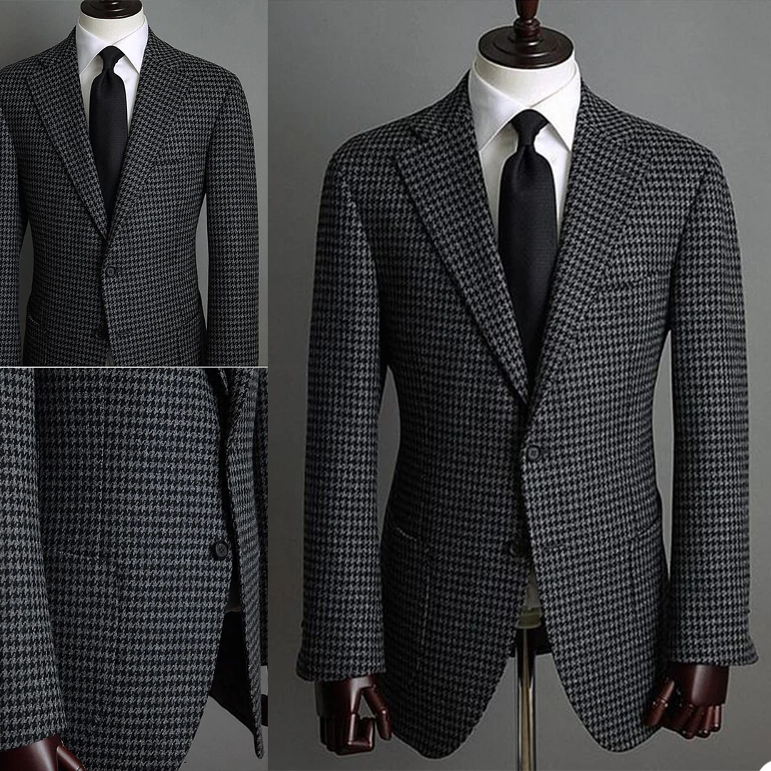 Houndstooth Heren Smoking Pakken 2-delig Winter Tweed Warme Dikke Pakken Aangepaste Speciale Gelegenheid Pakken Formele Kleding Feestkostuums