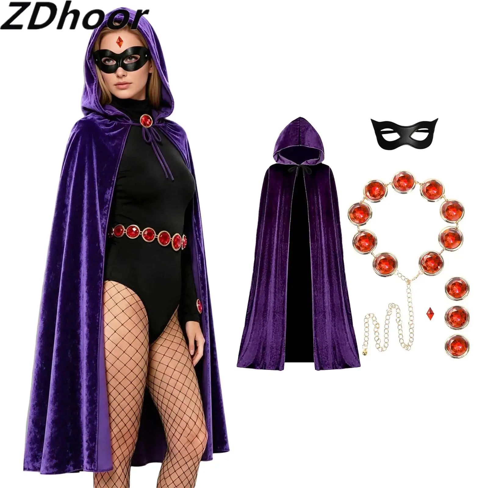 Women Halloween Witch Outfit Velvet Hooded Cape with Eye Mask Waist Chain And Rhinestone Pins for Cosplay Role-playing Party