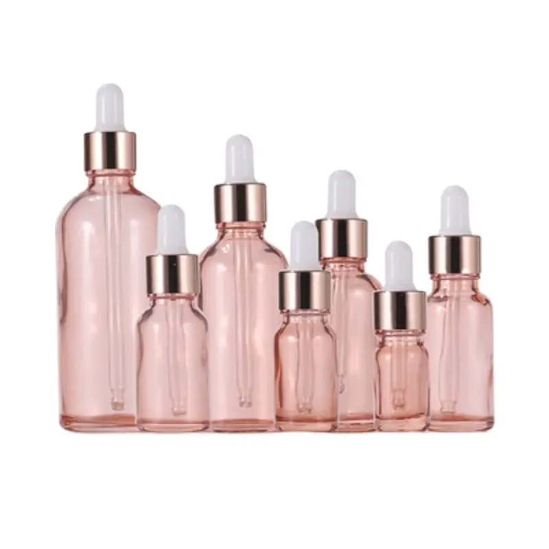 

15Pcs Glass Essential Oil Vials Empty Clear Pink Rose Gold Ring White Top Cosmetic Packaging Rubber Dropper Bottles 5ML-100ml