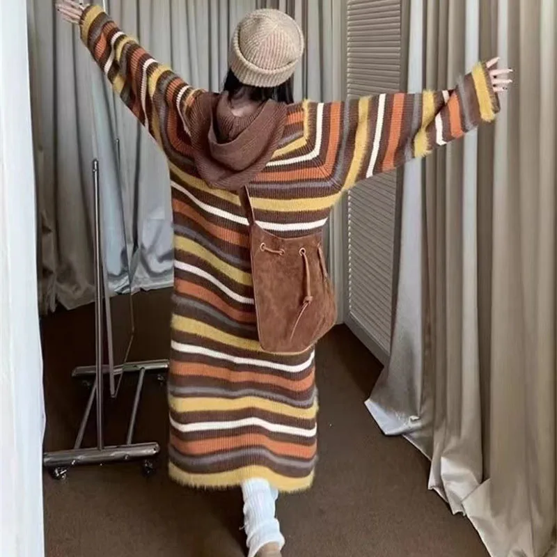 الموضة الملونة المشارب مقنعين سترة طويلة البلوز المرأة سترة مشغولة من الصوف سترة الربيع الخريف الشتاء معطف قاع قميص #4