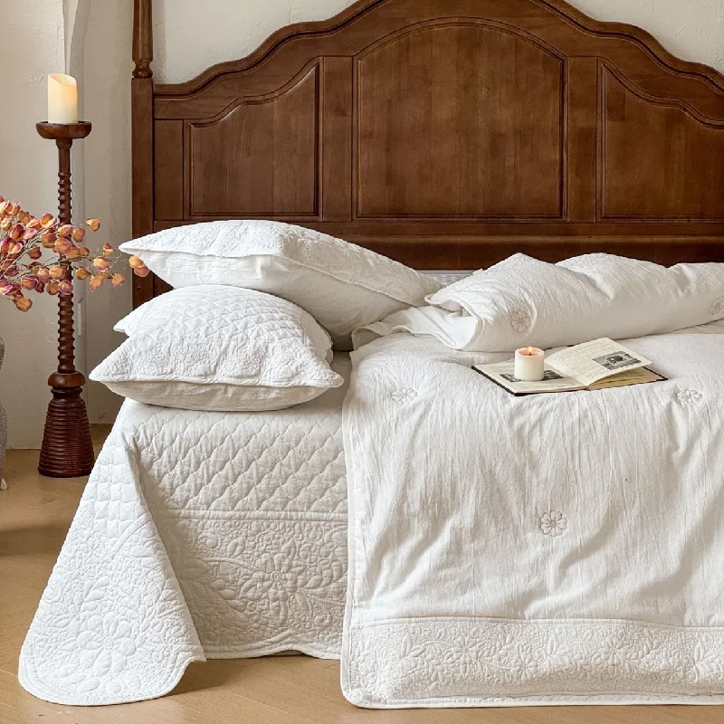 French Embroidered Linen Cotton Quilted Bedspread Set 4-Piece Vintage Multi-functional Coverlet Duvet Cover with 2 pillowcases
