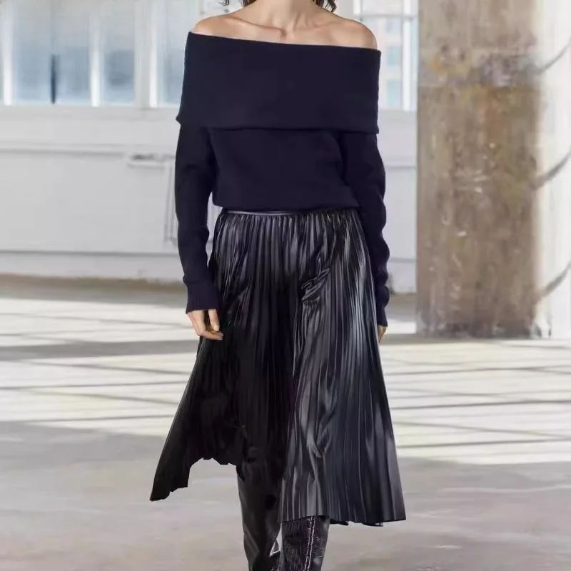 

Elegant Simple Shoulder Bared Straight Collar Flat Knit Sweater Autumn Winter New Arrival Women's Fashion Sweet Style Loose Fit