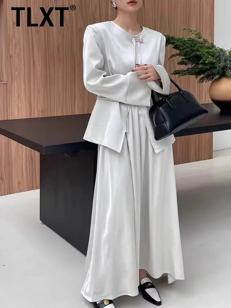 

TLXT Blazers Summer Flow Lace-up Crew Neck Suit Set Solid Color Travel Professional Shirt Skirt Two-piece Set 2025 Summer New