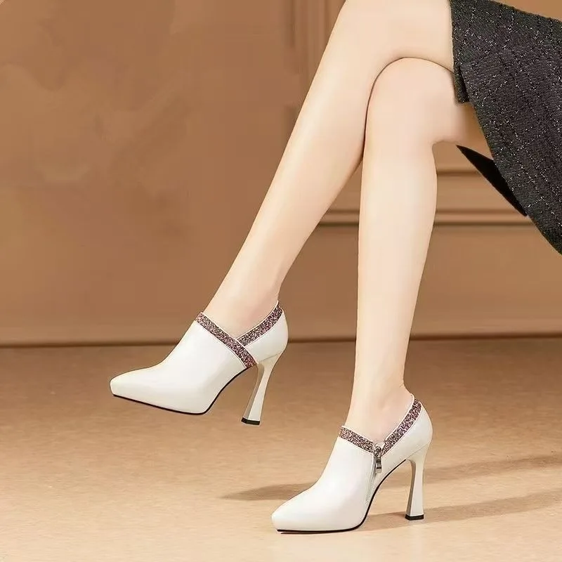 Deep Mouth Single Shoes Women's Platform 2026 New Versatile Pointed Toe Side Zip Heels