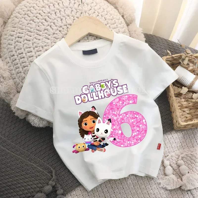 Gabby Dollhouse T-Shirt Cute Cartoon Digital Baby Summer Pure Cotton Top Wszechstronny Prosty Dzieci Pop Odzież Prezent Urodzinowy