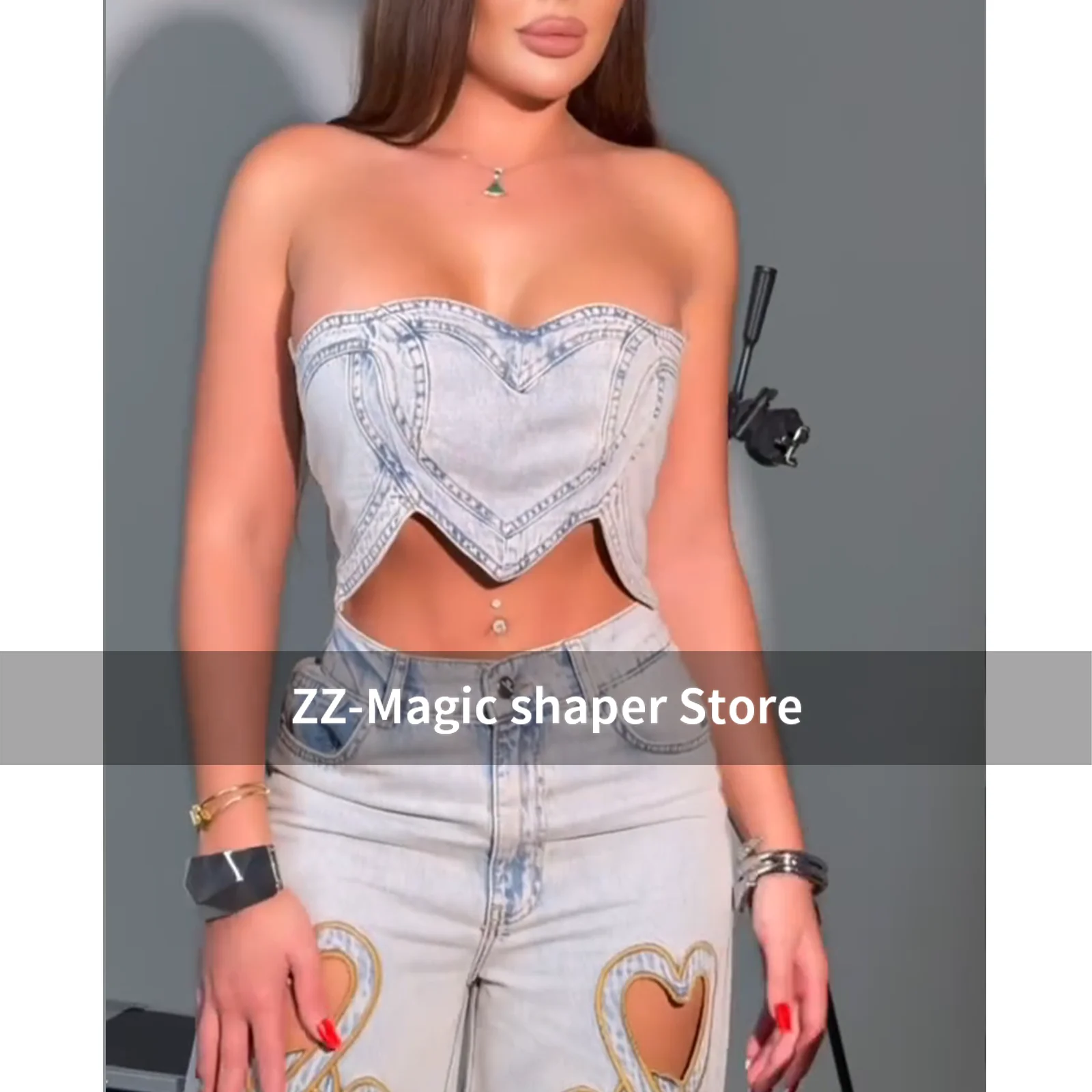 Stylish Wide Leg Trousers Denim Pants High Waisted Heart-Shaped Hollow Straight Leg Jeans Set Women's Loose Jeans Streewear