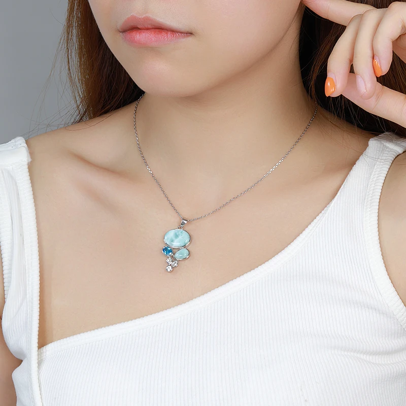 Candy Color 925 Sterling Silver Jewelry Gift Classic Pendant Necklace Natural Precious Larimar Retro Woman Contracted Style