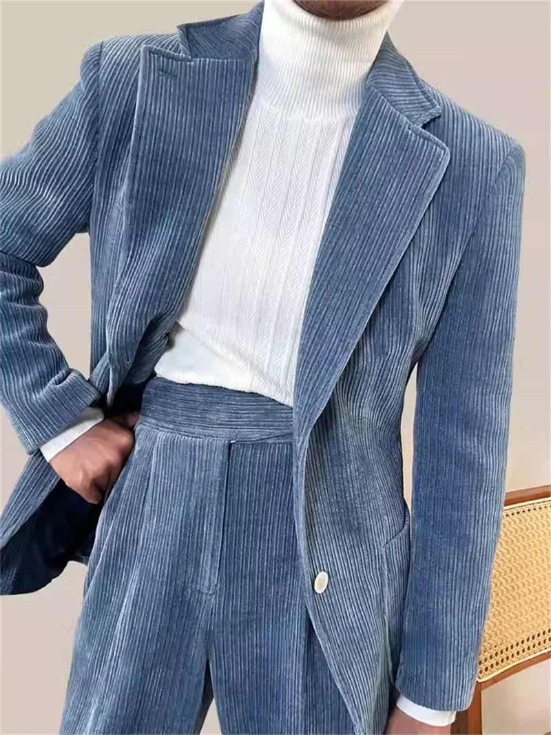 

Men's Corduroy Suits Set Men Jacket Elegant Slim Fit Blazer Man Pants 2-Piece Carnivals Luxury Trousers Wedding Clothing