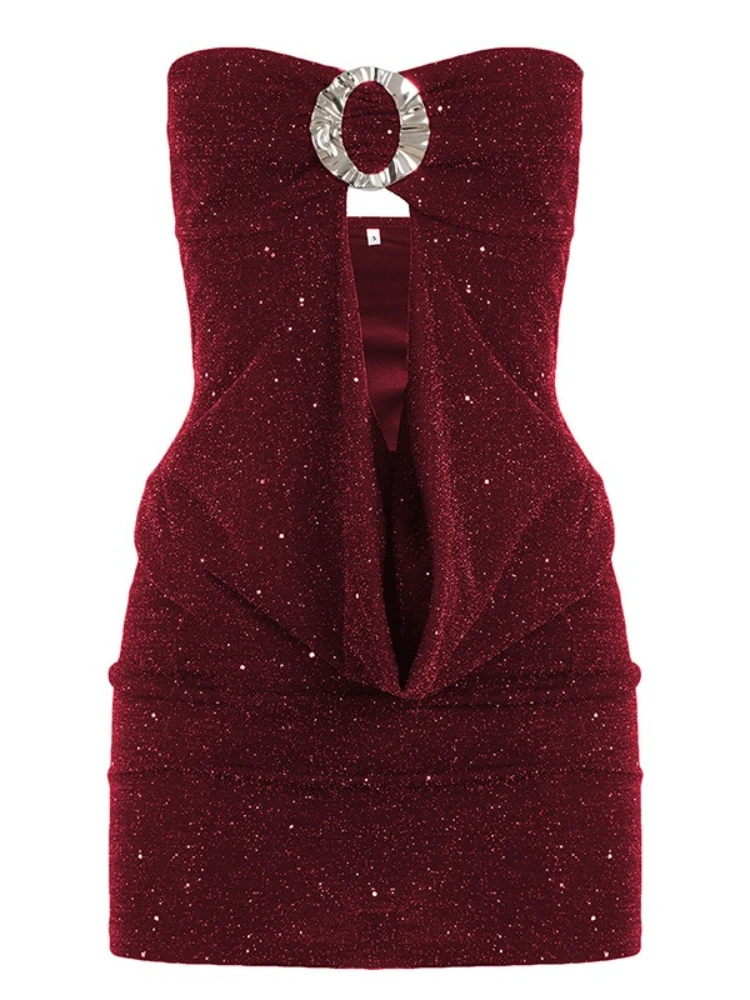 SsTss Vestido feminino sem alças, sólido, sexy, círculo de metal, fivela, corte frontal, sem mangas, slim, bodycon, mini vestido tubo para festa, clube