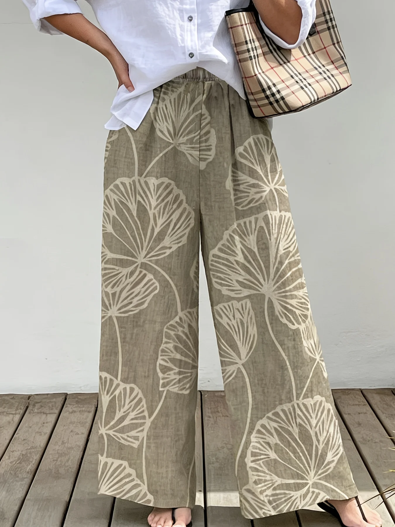 Pantalones Anchos Minimalistas de Mezcla de Lino, Pantalones de Vacaciones con Estampado de Ginkgo y Cintura Alta, Pantalones Palazzo Boho Chic para Mujer