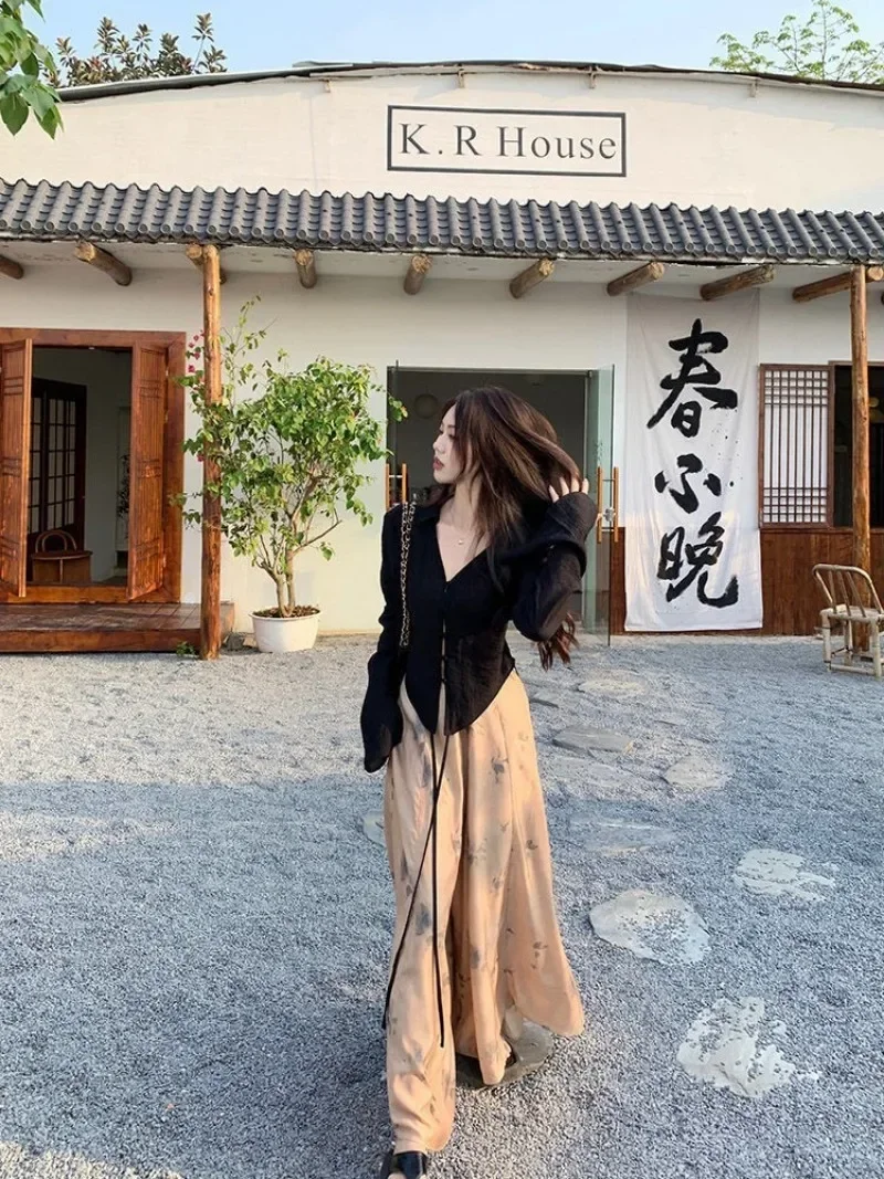 Korean Vintage Women's New Chinese Fashion Ribbon High Waist Trouser Skirt Female Baggy Elegant Skirt Pants Y2k Clothes