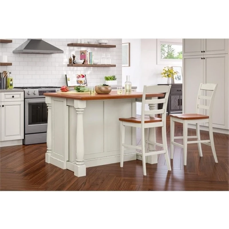 Wood Kitchen Island with Two Stools in Off White