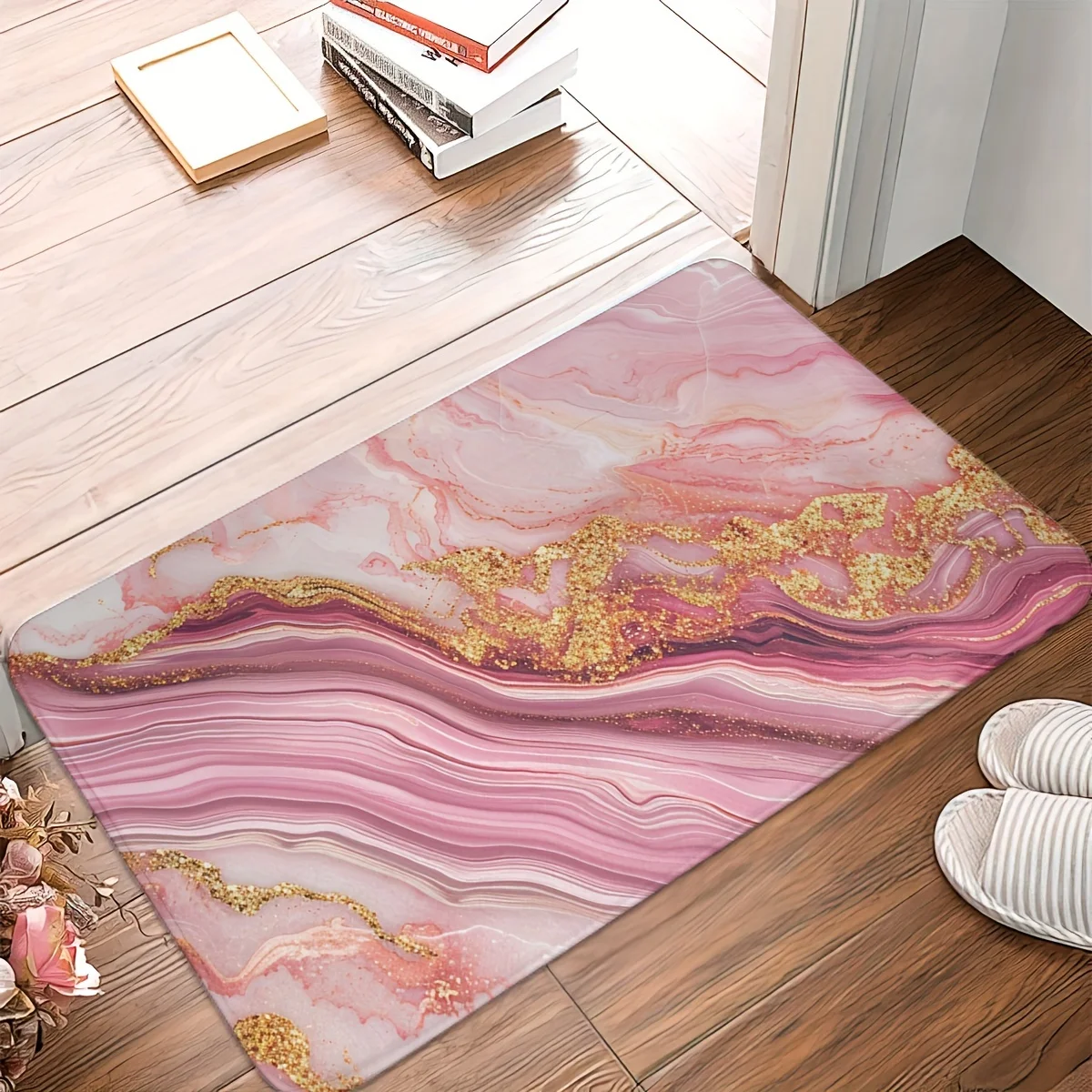 Pink Marble Pattern Kitchen Carpet Flannel Anti-slip Bathroom accessories Mat for Living Room Entrance Foot mat Home Decorations