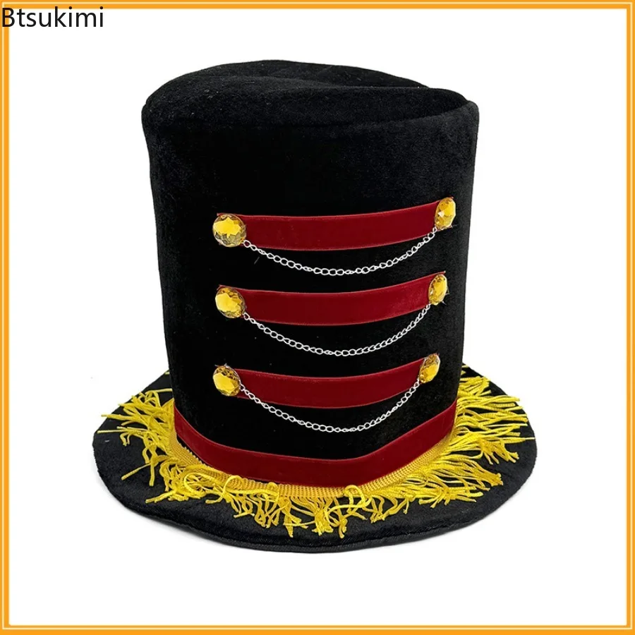 Halloween Cosplay Costumes Red Black Circus Magicians Top Hat with Gold Fringe Buttons and Chains Carnival Burlesque Accessories - view 2