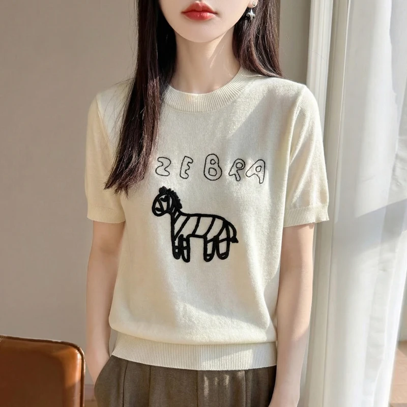 Cartoon wind pony embroidered knitted cashmere short sleeve T-shirt women's round neck half sleeve bottoming coat