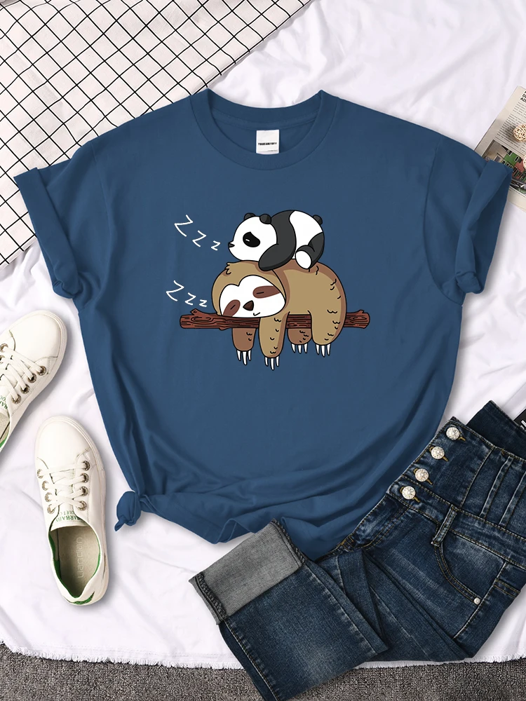 Panda Lying On A Sloth Printed Woman T-shirt Round Neck New Tshirts  Fit Tee Shirt Oversized Short Sleeve Womens Tshirts