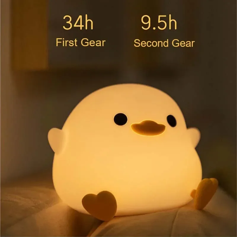 LED Cartoon Duck Night Light Timer Function Portable 2 Gears Lights Rechargeable Silicone Patting Lamp for Kids Baby Sleep Gift