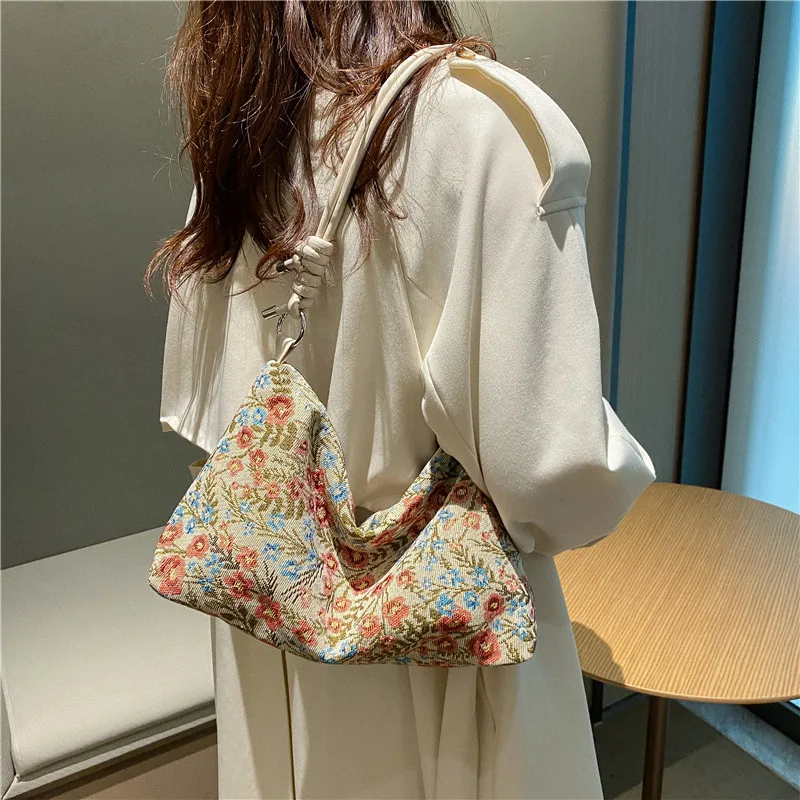 Retro Jacquard Print Underarm Bag Large Capacity Stylish Casual Canvas Shoulder Bags Women\'s Simple Versatile Tote Bag Handbag