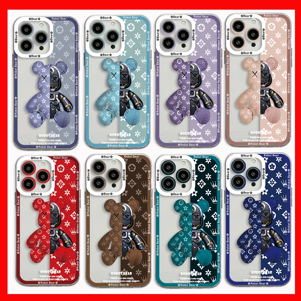 Fashion INS Cute Robot Bear Phone Case For iPhone 15 14 13 12 11 Pro Max X XR XSMax 6S 6 7 8 Plus SE20 Transparent Cover