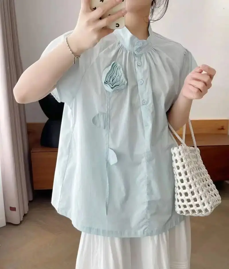 

Одежда Mori kei, японский стиль, воротник-стойка, короткий рукав, синие, бежевые однотонные рубашки и блузки, 100% хлопок, оригинальная рубашка с 3d цветами