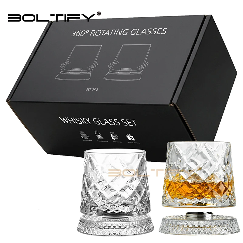 2PCS Rotating Whisky Glass 360 Degree Rotating Crystal Beer Glass Thick Base for Bourbon And Scotch Whisky a Unique Gift for Men