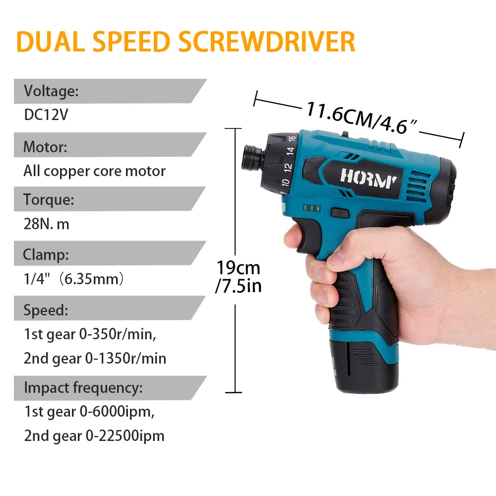 Hormy Electric Screwdriver Cordless Impact Drill Hammer 2-Speed Wireless Mini Hand Driver Wrench Power Tool For Bosch Battery