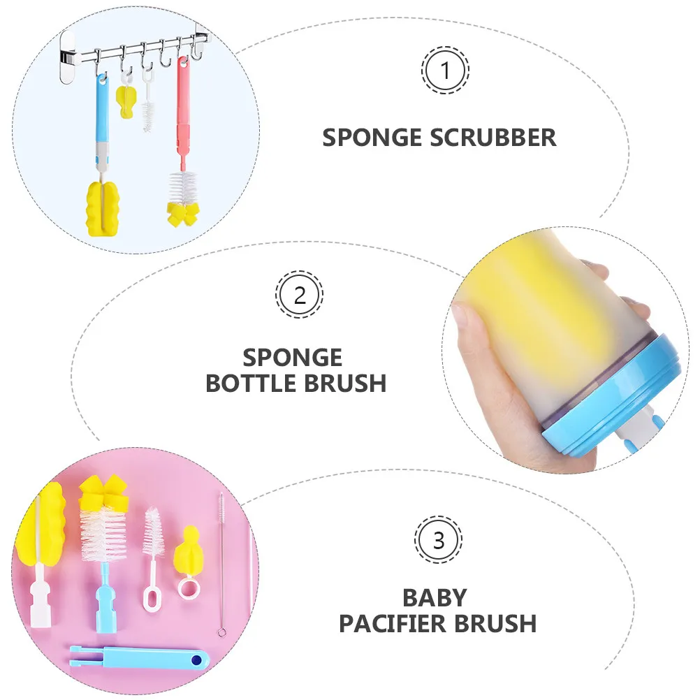 6Pcs Baby Bottle Cleaner Brush Set Dual Material Sponge Nylon Scrubber for Bottles Pacifiers Cups Straws Reaches Corners Without