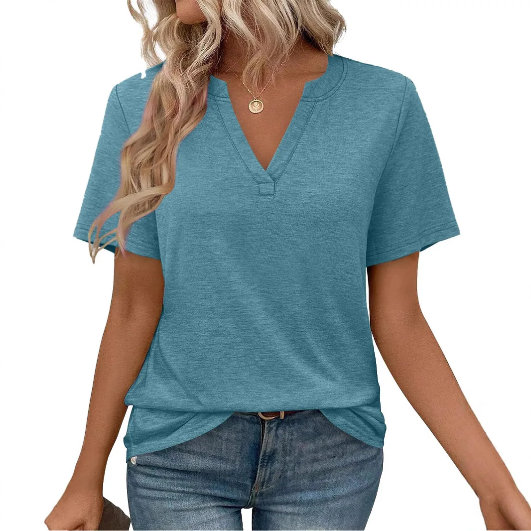 

2025 летняя новая женская модная однотонная утягивающая футболка с v-образным вырезом и короткими рукавами, топ