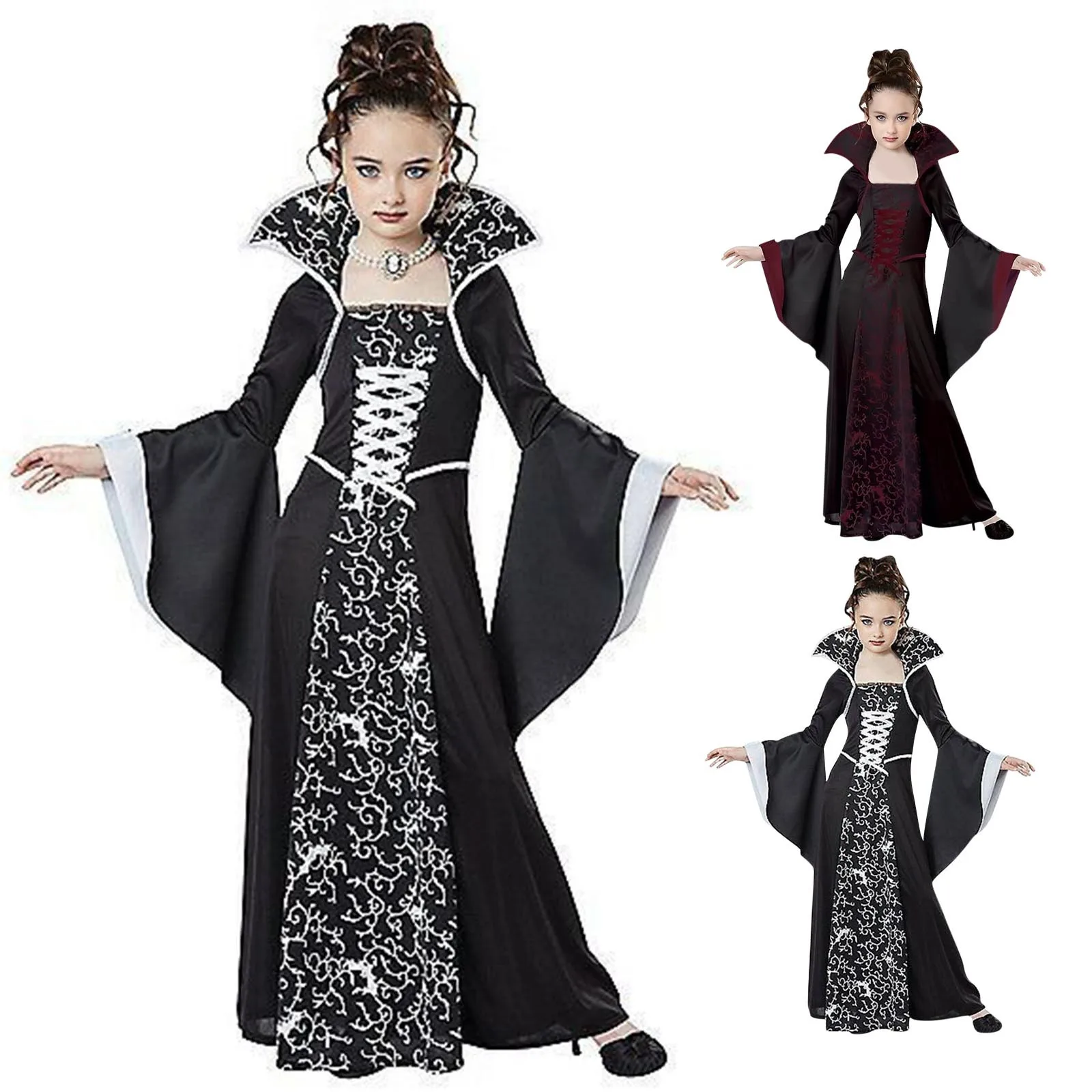 Mädchen Kleid Europäischen Mittelalterlichen Gericht Vampir Cosplay Kostüm Karneval Vintage Stehkragen Langarm Königin Elegantes Kleid ﻿