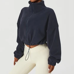 Veste en laine d'agneau à manches longues pour femmes, streetwear, fermeture éclair, sweat court, décontracté, automne