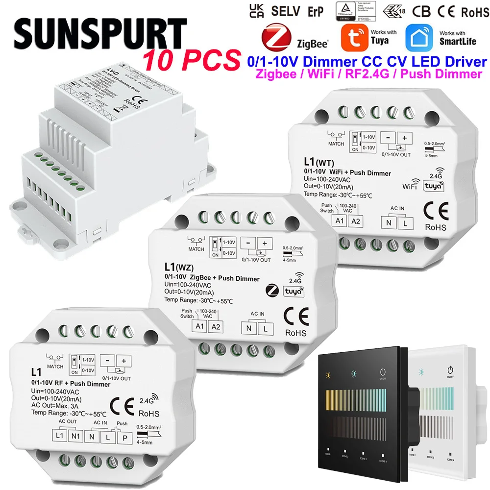 1-10Skydance 0/1-10V Tuya WiFi / Zigbee AC Push LED Dimmer Switch Wireless 2.4G RF Controller APP Voice Control Echo Plus Google