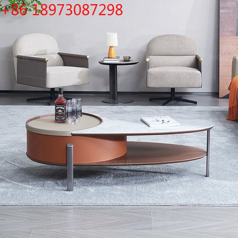 

Creative small apartment modern simple coffee table Italian minimalist orange saddle leather rock slab coffee table