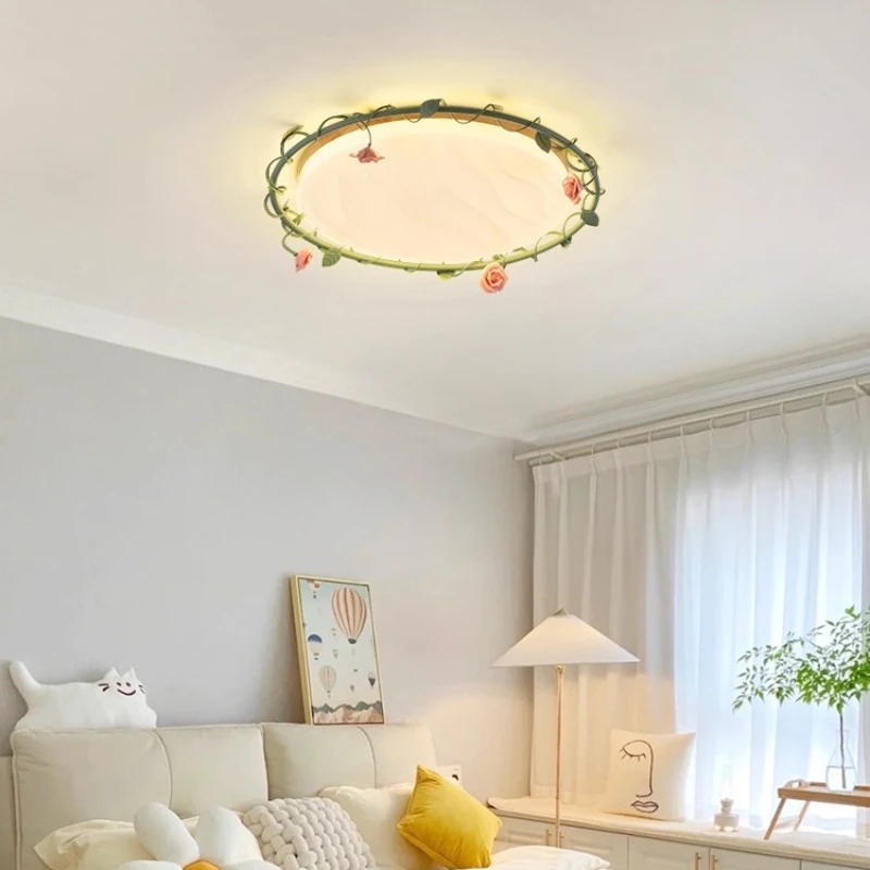 European Ultra-thin Circular Ceiling Lights Rose Petals Romantic Girl Bedroom Cream Style Bedroom Green Countryside Ceiling Lamp