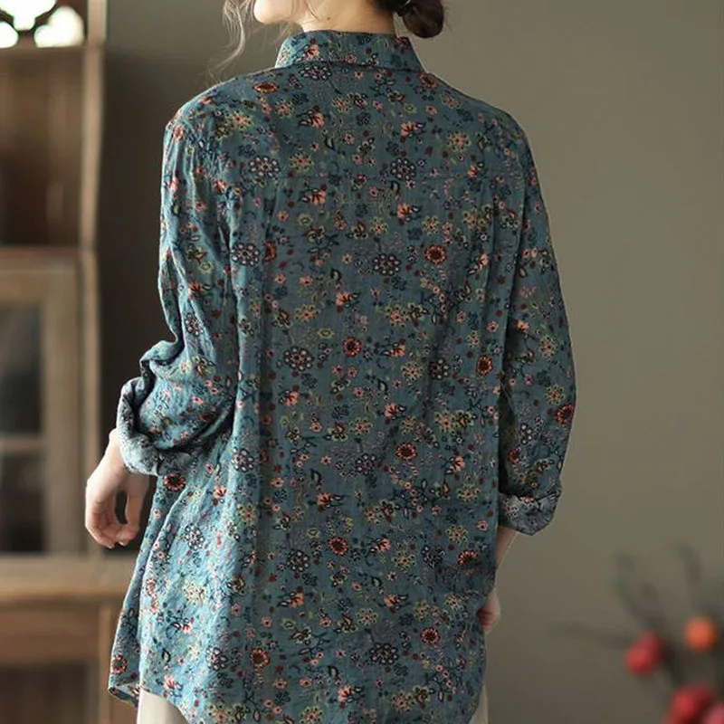 Chemisier à fleurs vintage pour femmes, manches longues, col rabattu, chemise imprimée adt, mode décontractée, vêtements pour femmes, printemps,