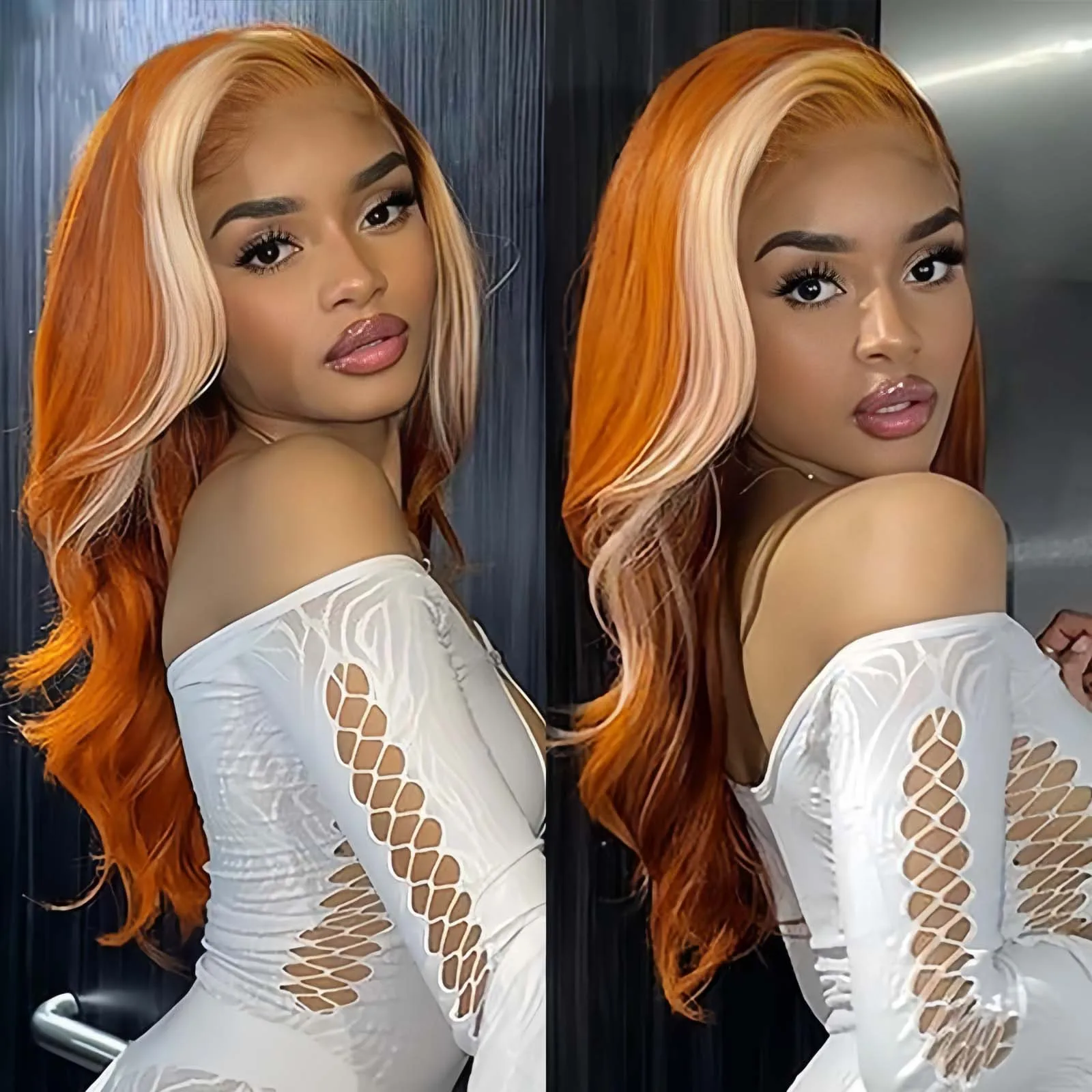 Ginger Orange with Blonde Highlights Wig Synthetic Lace Front Wig Long Wavy Hair Loose Body Wave 13X4 Frontal Wigs for Women