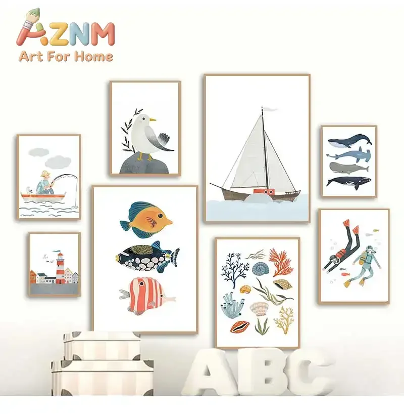 AZNM Ocean Sea Animal Canvas Poster Whale Tropical Fish Coral Shell Sailboat Cartoon Art Print Kids Room Nursery Wall Decor Unfr