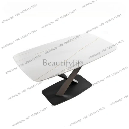 

Italian minimalist rock slab dining table rectangular household cross text dining table light luxury