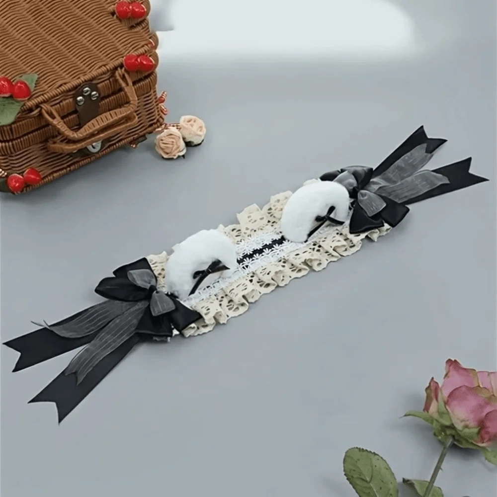 Vintage Lace Ruffle Bear Ear Headband Fluffy Sweet Lolita Headband Cute Style Big Bow Cosplay Hair Accessory Daily Dress-up