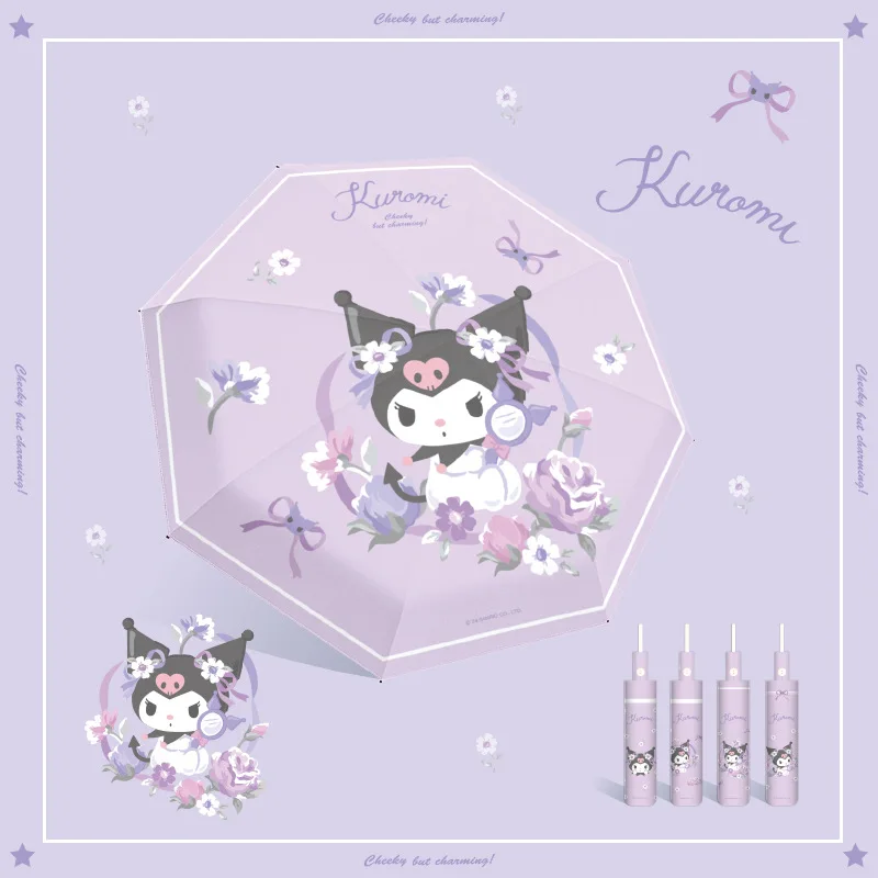

Kawaii Kuromi 3-Fold Automatic Umbrella Sun Rain Dual Use Cute Cartoon Girlish Uv Protection Portable Student Parasol