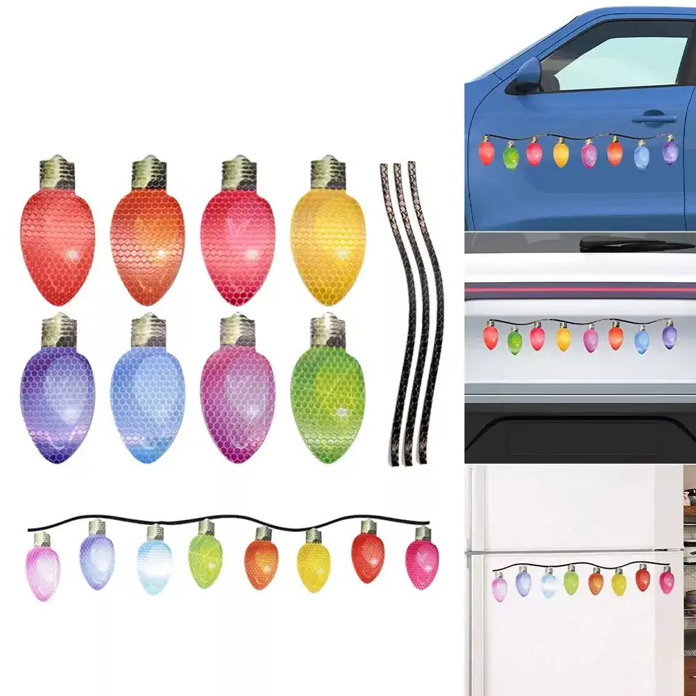 

Christmas Decoration Car Sticker Magnetic Decal Refrigerator Magnets Light Bulb Santa Claus Snowman Reflective Sticker Car Decor