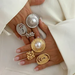 Silver color Creative Design Pearl Leaf Ring for Women Trend Irregular Metal Small Ball Open Finger Rings Couple Punk Jewelry
