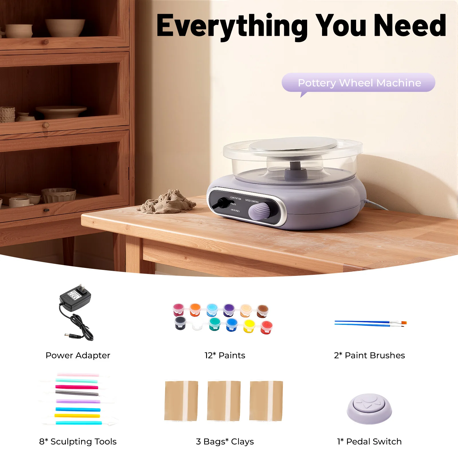 Electric Pottery Wheel Kit – 0-200rpm Stepless + Reverse, 8 Tools & 12 Paints, 2.87lbs – Kids Beginners DIY – US Plug
