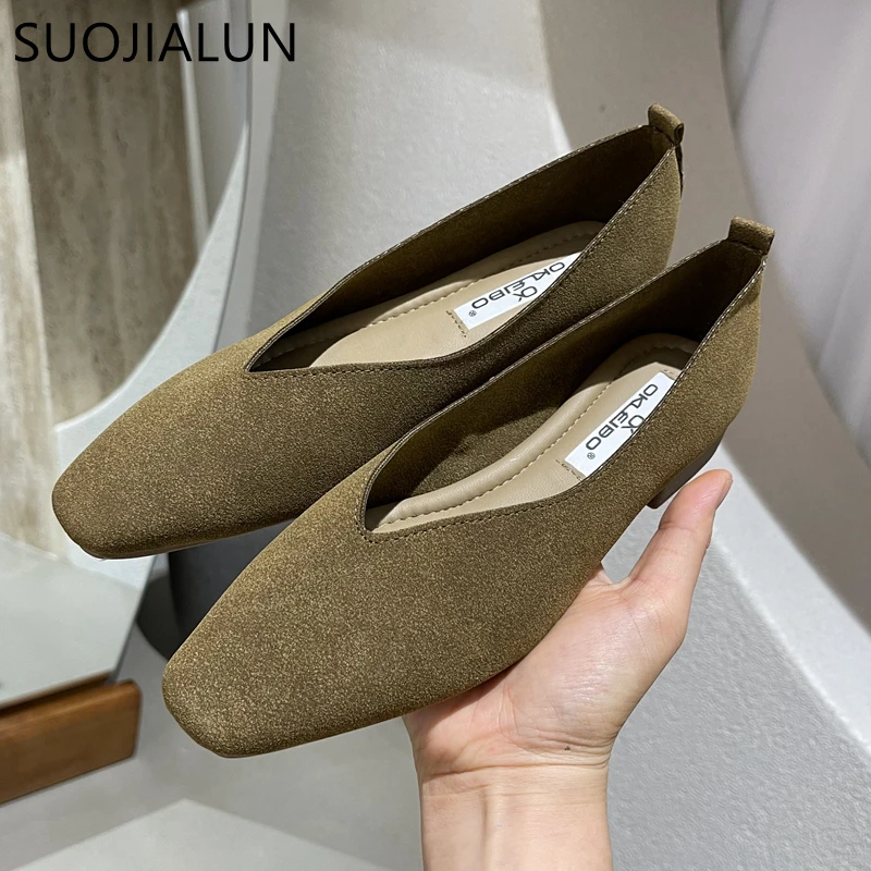 SUOJIALUN 2023 Spring New Brand Women Flat Shoes Round Toe Shallow Slip On Ladies Casual Ballet Shoes Soft Leather Eelgant Balle