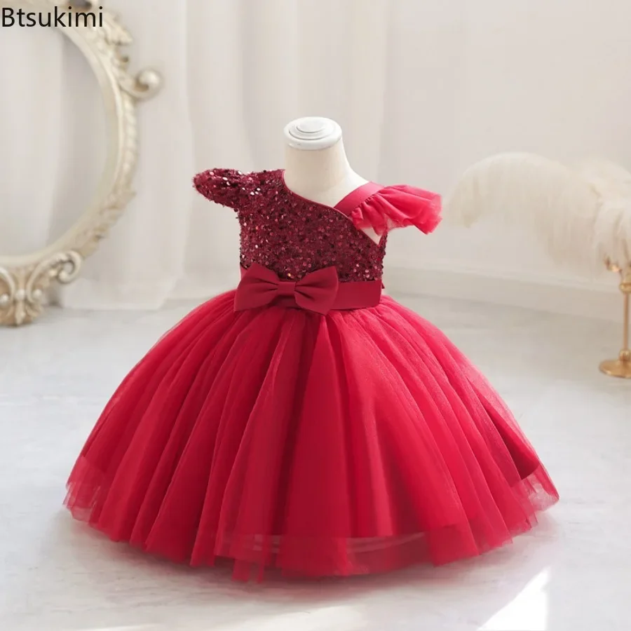 Toddler Baby Sequin Party Dresses Baptism Wedding 1 Year Birthday Bow Princess Dress for Baby Girl Tulle Bridemaid Gown Vestidos