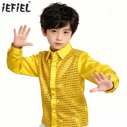 Kids Boys Choir Latin Jazz Ballroom Shirt Tops Hip Hop Performance Costume Glittery Sequined Long Sleeve Spread Collar Shirt
